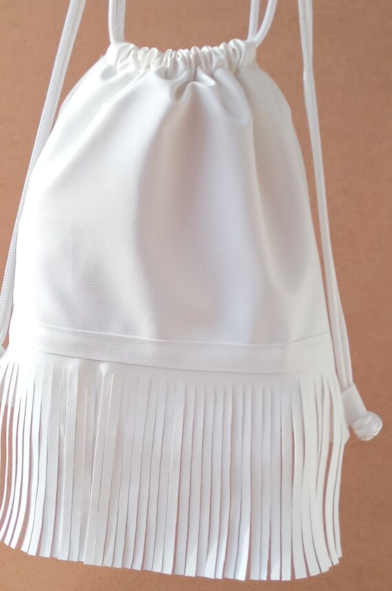 White Tassel Backpack - Drawstring Backpack - Artificial  display picture 2