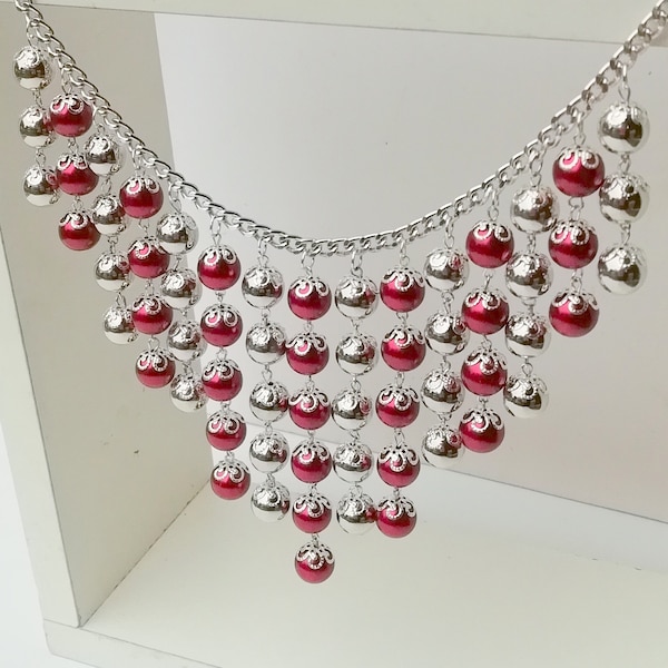 Pearl Necklace Set- Red and Silver Pearls with Silver Bead Caps - Chain Pearl Necklace - Waterfall Necklace  - Bib Pearl Necklace