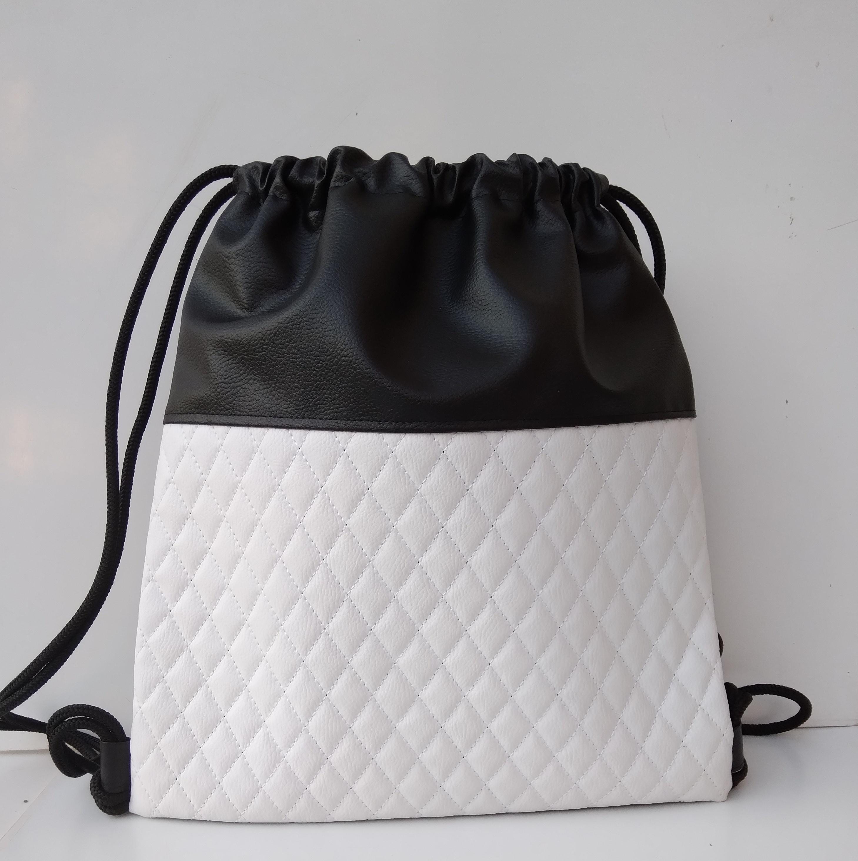 White and Black Backpack - Quilted Bacpack - Drawstring  display picture 1