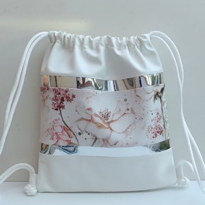 Sac à dos à imprimé floral - Sac à dos blanc - Sac à dos en cuir artificiel - Sac à dos à cordon - Sac à dos - Sac à dos - Sac à dos