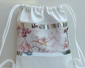 Floral Print  Backpack - White Backpack - Artificial Leather Backpack - Drawstring Backpack - Rucksack - Backpack Purse - Drawstring Bag