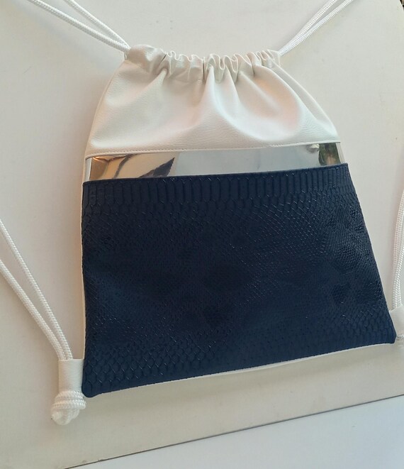 White and Dark Blue Backpack - Drawstring Backpack - Faux  display picture 3