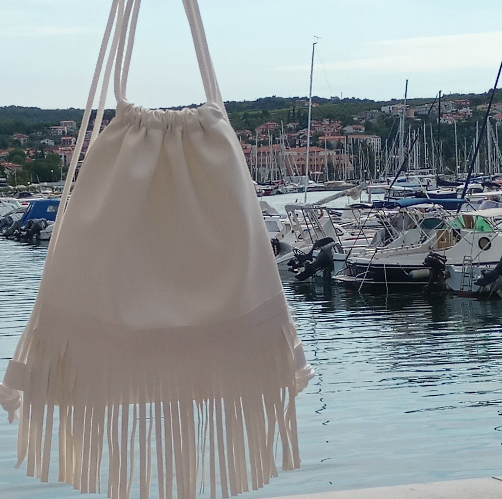 White Tassel Drawstring Backpack 100 White Cotton Drawstring Bags, Cotton Round Bags, White  main image 4