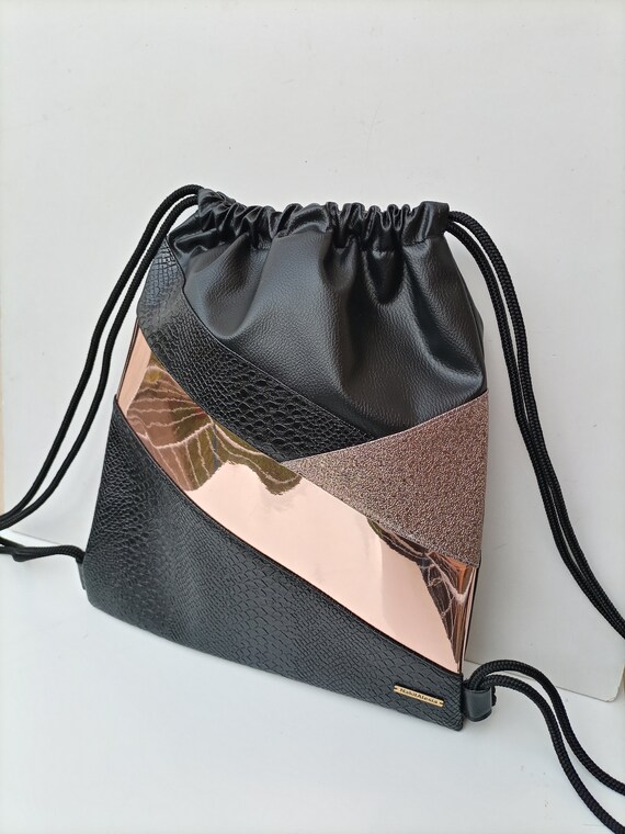 Shiny Bronze and Black Backpack - Drawstring Backpack  display picture 1