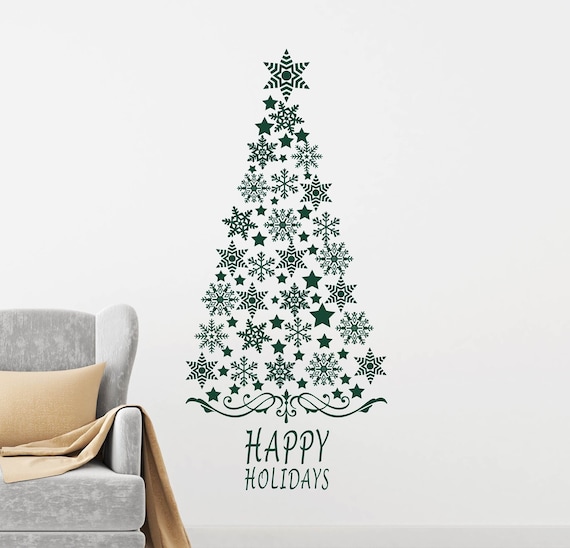 Christmas Tree Wall Decal Christmas Decoration Sticker Snow Flakes Wall Sticker Stars Holiday Decoration Vinyl Home Decor Wall Decor Mural