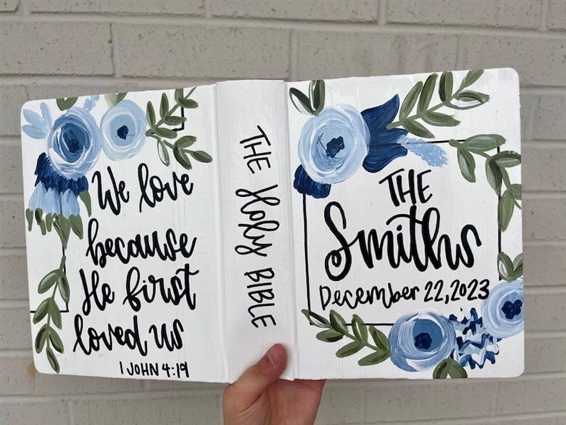 Blue Florals Wedding Bible Guestbook, Handpainted Custom, Journaling Bible