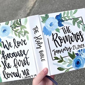Blue Florals Wedding Bible Guestbook, Handpainted Custom, Journaling Bible