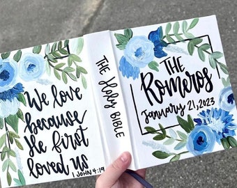 Blue Florals Wedding Bible Guestbook, Handpainted Custom, Journaling Bible