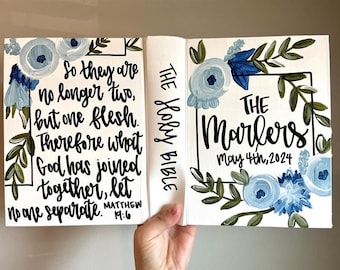 Blue Florals Wedding Bible Guestbook, Handpainted Custom, Journaling Bible