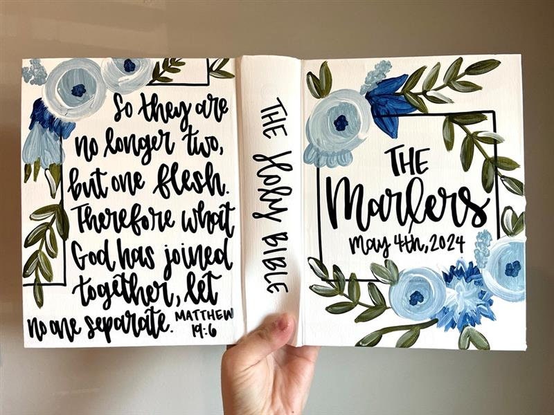 Blue Florals Wedding Bible Guestbook, Handpainted Custom, Journaling Bible