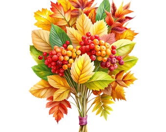 Autumn Floral Arrangement, Fall leaf and flower clipart, Autumn clipart, Thanksgiving Clip art, Flower bouquet