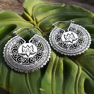 Lotus Flower earrings - Ethnic German Silver earrings - Boho Earrings - Hoops Mandala Silver