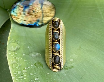 Bague Labradorite - Bague réglable 4 pierres - Bague en laiton doré Boho - Bijoux gitan Rajashtan