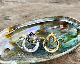Halbmondring mit Edelstein, verstellbare Ringgröße, Silber und Gold