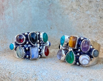 Multi Gemstone Adjustable Ring - Brass & Gemstone ring