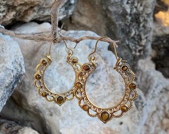 Mandala Gem Flower Earrings 7 Tiger eye stones - Orecchini tribali etnici in filigrana