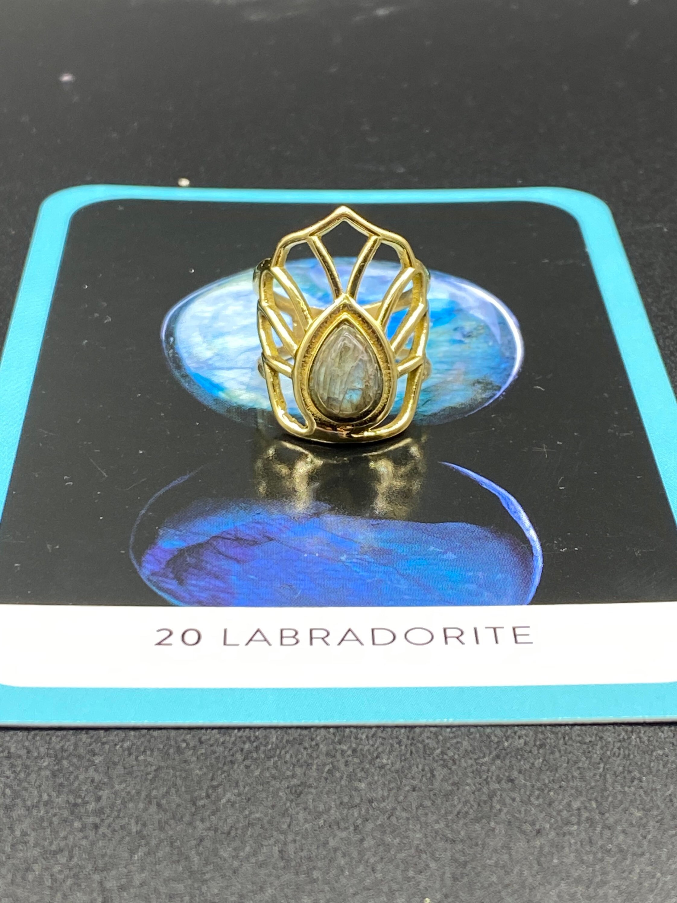 LABRADORITA Pfau Schwanz Ring - verstellbarer Ring mit Stein