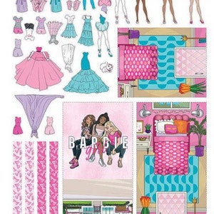 May include: A Barbie Dream House paper doll set with various outfits, accessories, and room scenes. The set includes paper dolls, dresses, tops, bottoms, and a bedroom scene with a bed, mirror, and door. The color palette is predominantly pink, blue, and white.