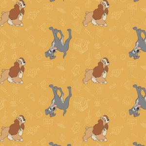 Disney Lady and the Tramp Home Sweet Home Mustard Cotton Quilting Fabric 1/2 YARD