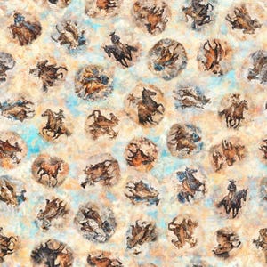 Running Wild Cowboy Cowgirl on Horses Vignettes Cream 30626-E Cotton Quilting Fabric 1/2 YARD