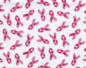 Breast Cancer Pink Ribbon White Background Cotton Fabric 1/2 YARD