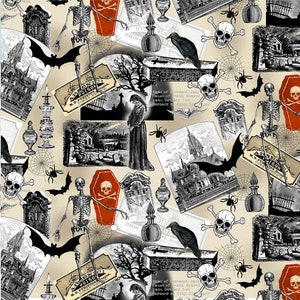 Nevermore Spooky Collage Skulls Spiders Coffins Cotton Quilting Fabric 1/2 YARD