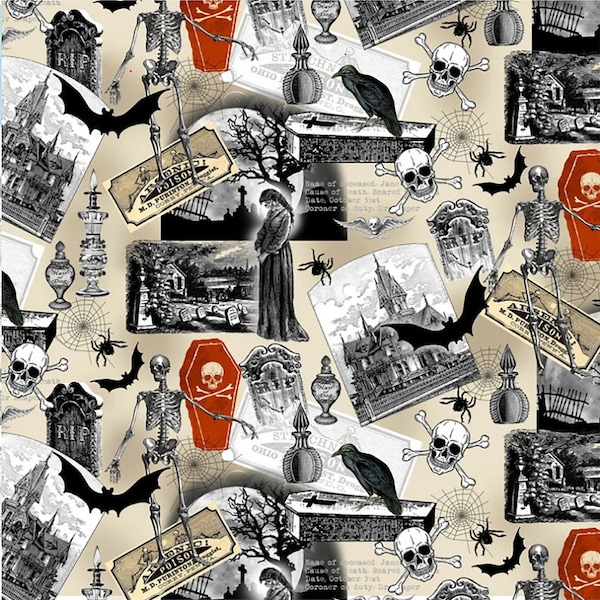 Nevermore Spooky Collage Crânes Araignées Cercueils Coton Tissu Matelassé 1/2 YARD