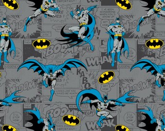Tissu flanelle de coton Batman gris sur bande dessinée 1/2 yard