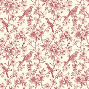 Könnte beinhalten: Ein nahtloses Muster mit roten Vögeln und rosa Blumen auf weißem Hintergrund. Die Vögel sitzen auf Ästen und die Blumen blühen. Das Muster ist zart und feminin.