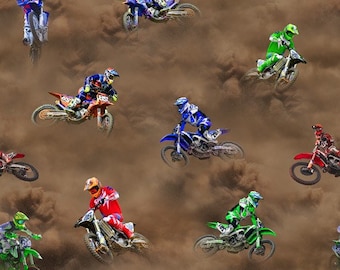 Motocross Maniacs Dirt Bikes Dirt Allover 1137F Baumwolle Quilting Stoff 1/2 YARD