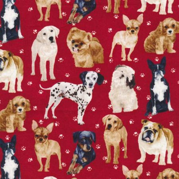 Dogs and Paws Red Bulldog Cocker Spaniel Pomeranian Cotton Quilting Fabric 1/2 YARD
