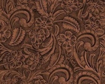 May include: Brown leather with a floral embossed pattern. The pattern features intricate swirls and flowers.