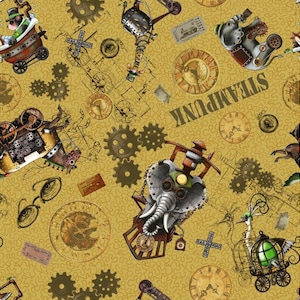 Könnte beinhalten: Ein gelber Hintergrund mit einem sich wiederholenden Muster aus steampunk-inspirierten Illustrationen. Die Illustrationen beinhalten Zahnräder, Uhren und Tiere wie Elefanten und Giraffen. Der Text "STEAMPUNK" ist in einer stilisierten Schrift geschrieben.