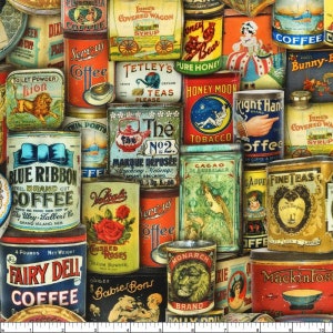 May include: A vintage-style collage of various tin cans and boxes featuring a variety of products, including coffee, tea, honey, and tobacco. The cans are decorated with colourful illustrations and text, creating a nostalgic and whimsical feel.