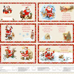 Pode incluir: Um painel de tecido com tema natalino com ilustrações do Papai Noel e seus amigos. O painel apresenta uma borda xadrez vermelha e branca e inclui o texto "Santa's Friends" e "This book belongs to".