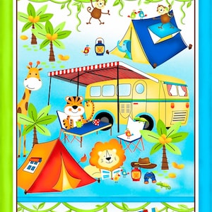 Jungle Camp Caravan Tent Lion Tiger Giraffe Monkey Cotton Quilting Fabric Panel