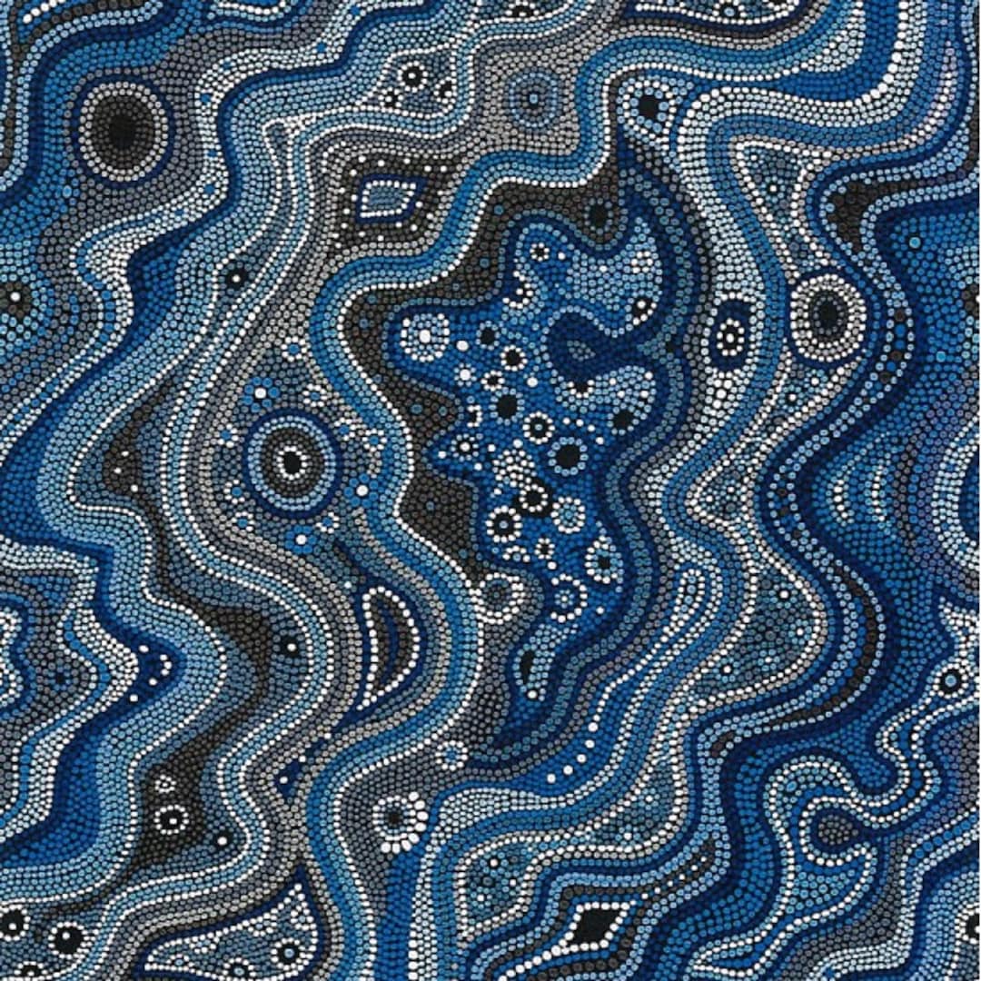 Australian Aboriginal Art Inspired Urite Stripe Blue Cotton
