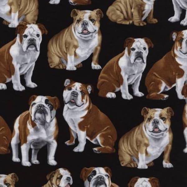 Bulldog Dogs Black Background Cotton Quilting Fabric 1/2 YARD