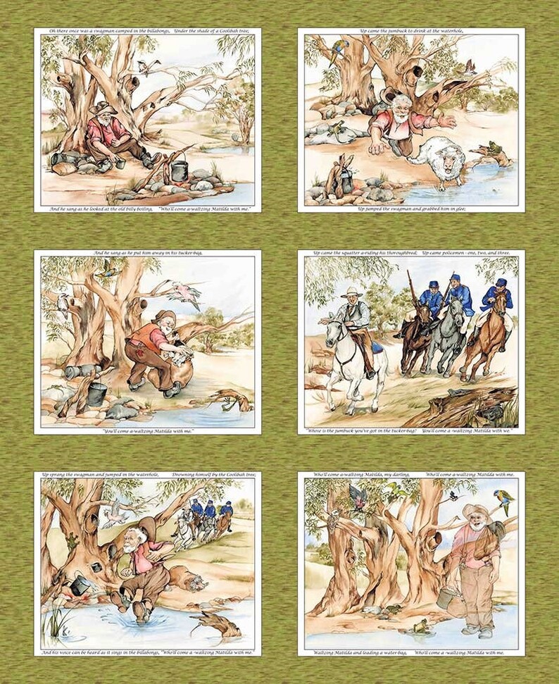 Australian Waltzing Matilda Swagman Sheep Cotton Quilting Fabric Panel *Matching Fabric Links in Description*
