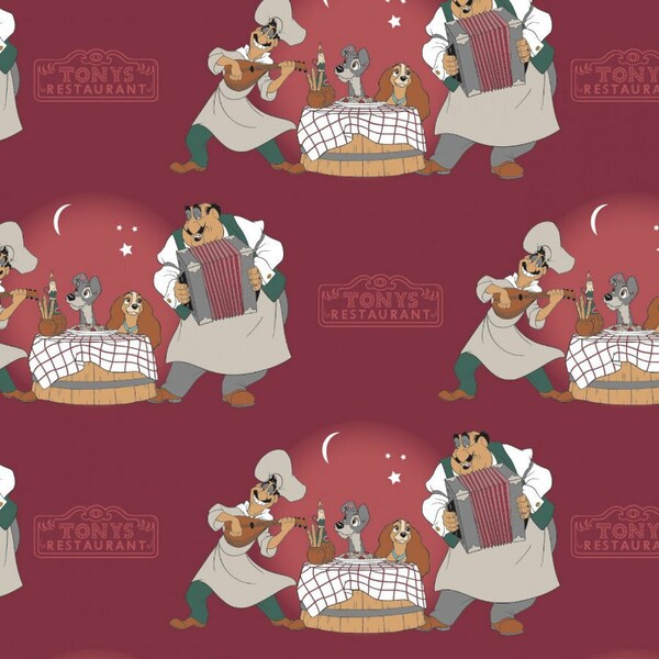 Disney Lady and the Tramp Belle Notte Burgundy Cotton Quilting Fabric 1/2 YARD