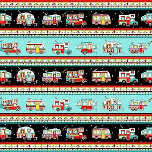 Roamin&#39; Holiday Caravans Campers Border Stripe Multi Quilting Fabric 1/2 YARD