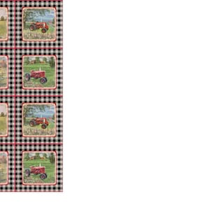May include: A red tractor with a green background, repeated 12 times on a black and white chequered pattern.
