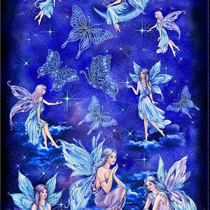 May include: A blue and purple fabric with a repeating pattern of fairies and butterflies. The fairies are wearing blue and purple dresses and have wings. The butterflies are blue and have glitter accents. The fabric has the word "SELVAGE" printed on the top and bottom.