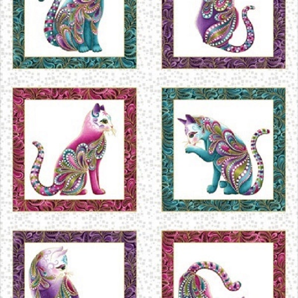 Cat-I-Tude Artist-O-Cats White Background Metallic Highlights Cotton Quilting Fabric Panel