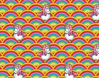 Believe in Magic Unicorns and Scalloped  Rainbows Cotton Quilting Fabric 1/2 YARD
