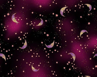 Celestial Magic Moons Black Gold Metallic Cotton Quilting Fabric 1/2 YARD