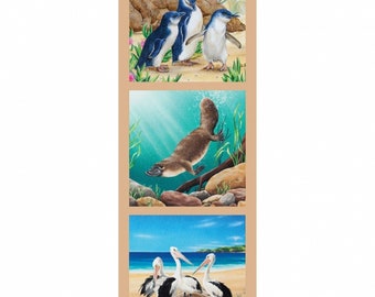 Australian Wildlife Art 2 Penguins Platypus Pelicans Cotton Quilting Fabric Small Panel