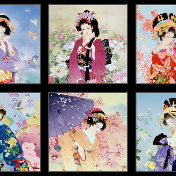 Asian Geiko Geishas Gold Metallic Highlights Black Cotton Quilting Fabric Block Panel