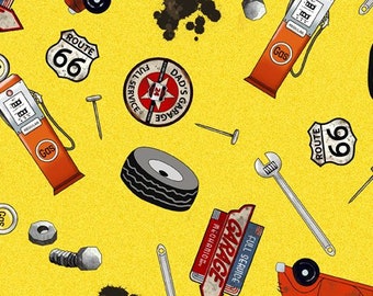 May include: A yellow background with a repeating pattern of vintage car parts, including a red car, a gas pump, a tire, a wrench, a nail, a screw, and signs that say "Route 66", "Dad's Garage", and "Full Service".