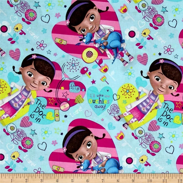 Disney Doc McStuffins Doc is In Allover Blue Cotton Quilting Fabric 1/2 YARD